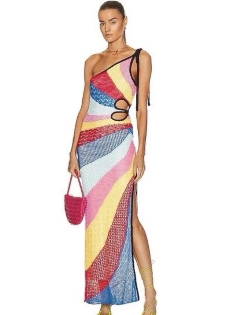 STAUD Alpes Rainbow Striped One-Shoulder CutOut Knit Crochet Maxi Dress